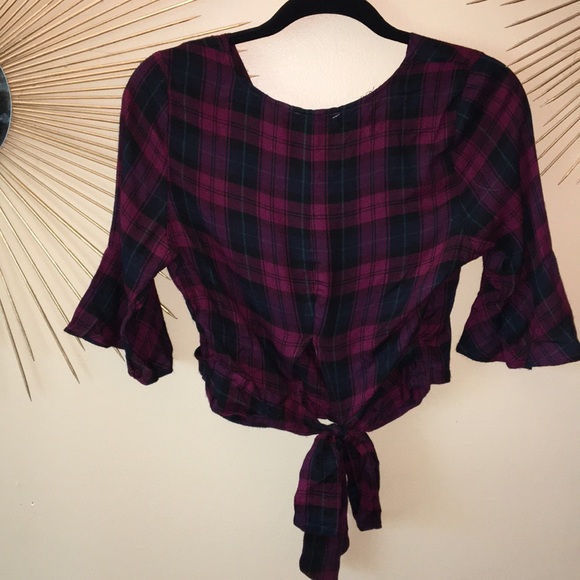 Bell sleeve plaid wrap top - Picture 3 of 3